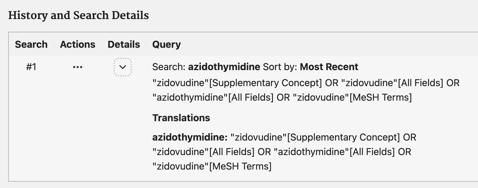 A screenshot showing PubMed's translation of the search for -- azidothymidine