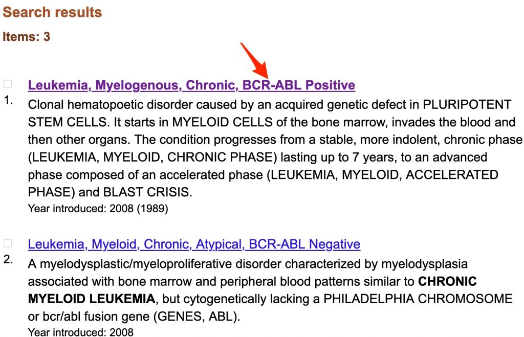 A screenshot shows the first two MeSH database search results. An arrow poitns to the "BCR-ABL Positive" heading.