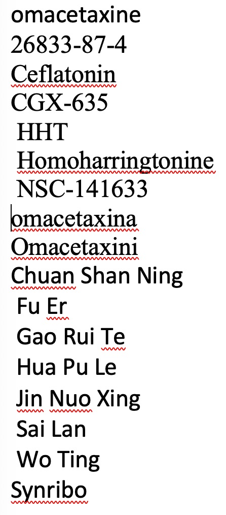 A screenshot of the list of names for omacetaxine after removal of extraneous information (country names, semi-colons, foreign alphabet, etc.)