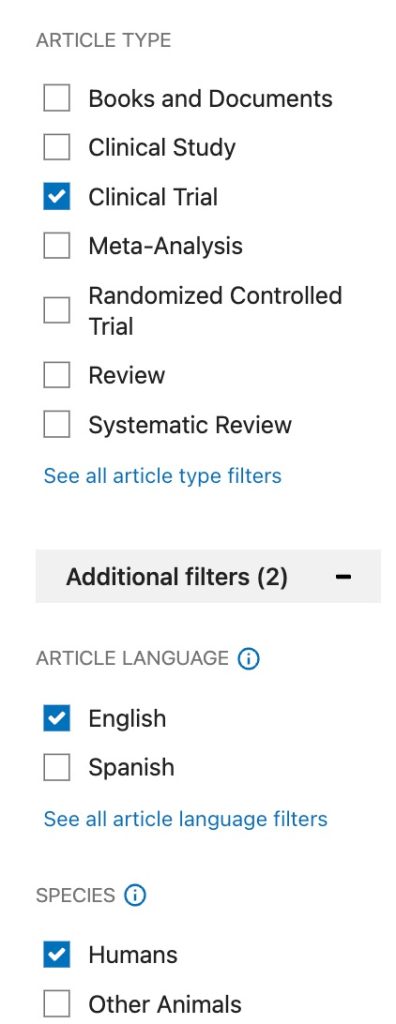 A screenshot shows application of the "clinical trial", "english" and "humans" filters