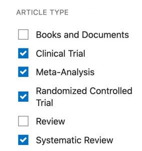 A screenshot of the "Article Type" filter choices shows that the "Clinical Trial" filter has also been checked.