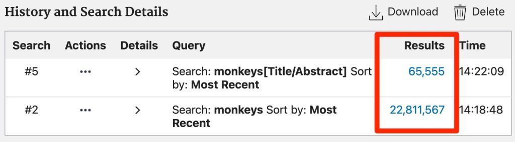 A screenshot points out the differences between the -- monkeys -- and the -- monkeys[title/abstract] -- searches.