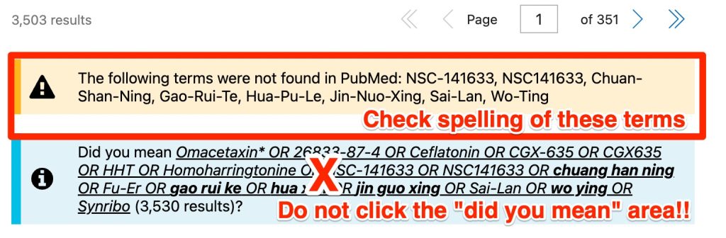 A screenshot showing the messages that appeared above the omacetaxine search. The messages are described in some detail in the text below.