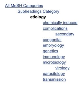 A screenshot of the etiology subheading tree