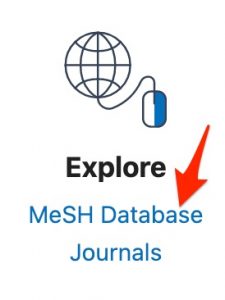 A screenshot shows the globe symbol above the "Explore" options including the "MeSH Database" option.