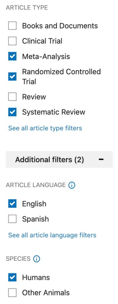 A screenshot shows the selected "systematic reiew", "meta-analysis", "randomized controlled trials", "english" and "Humans" filters