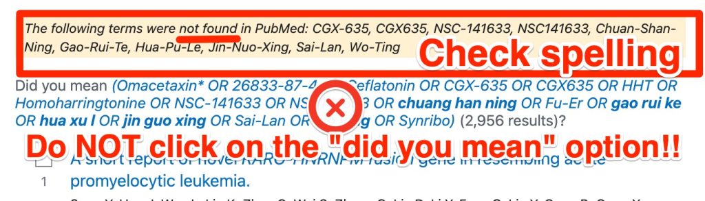 A screenshot showing the messages that appeared above the omacetaxine search.