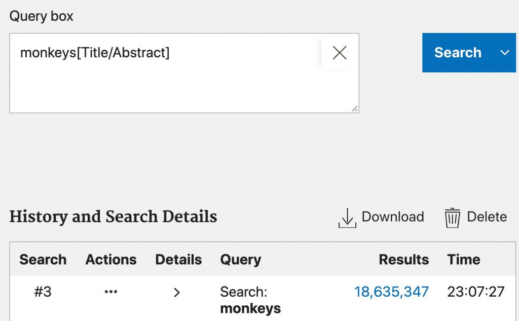 A screenshot showing the monkeys[title/abstract] search in the "Query" box.