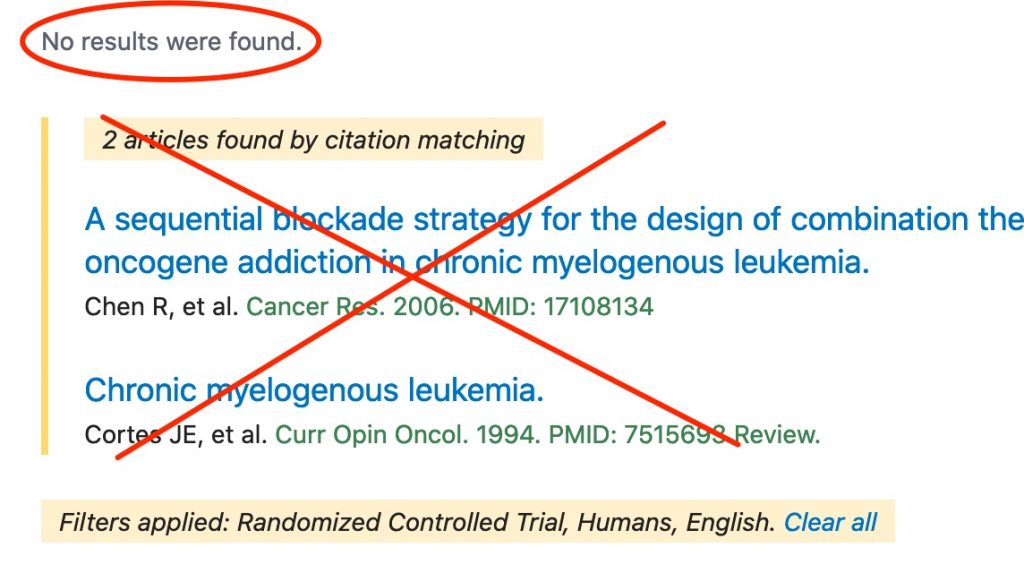A screenshot with the "no results" statement circled. The results retrieved by "citation searching" have been X'd out.