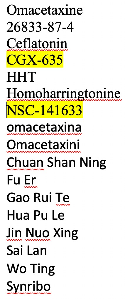 A screenshot of the unneeded terms removed. The two investigational names are highlighted.