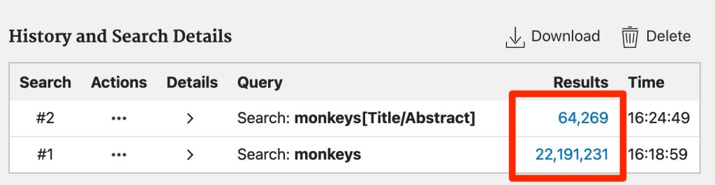 A screenshot points out the differences between the -- monkeys -- and the -- monkeys[title/abstract] -- searches.