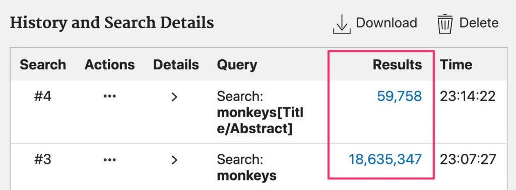 A screenshot points out the differences between the -- monkeys -- and the -- monkeys[title/abstract] -- searches.