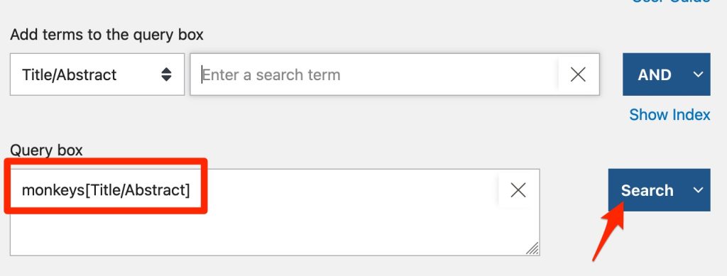 A screenshot showing the monkeys[title/abstract] search in the "Query" box.