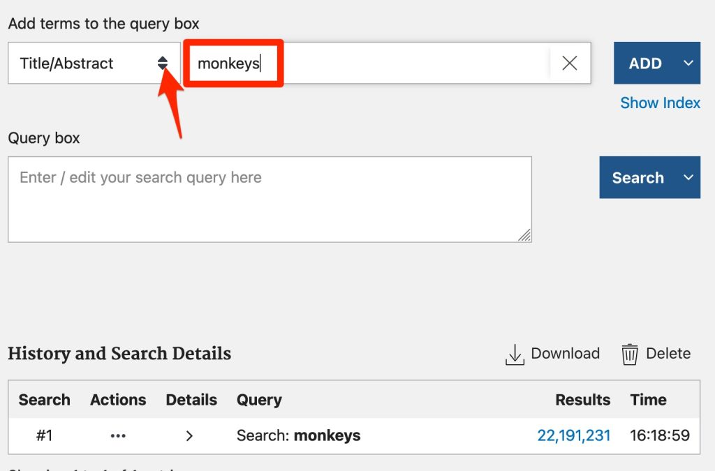 A screenshot shows selection of the "Title/abstract" field and entry of the term -- monkeys -- in the adjacent search box.