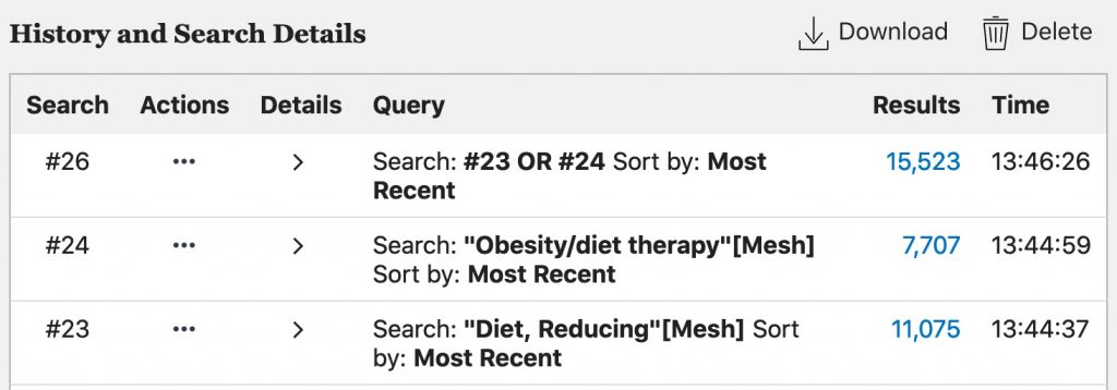 A screenshot shows that the number of results of a search for "Diet, Reducing"[MeSH] OR "Obesity/diet therapy"[MeSH] is much greater than the number of results retrieved by each of the terms separately.