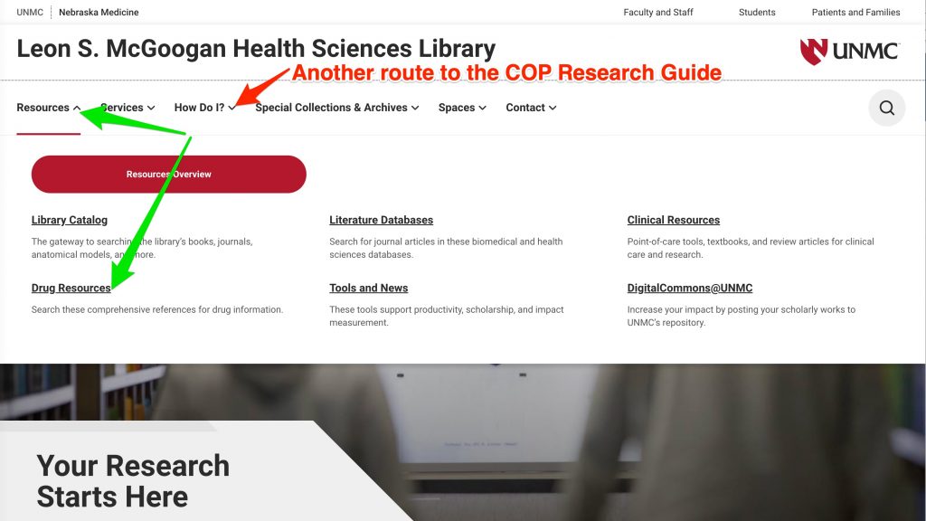 A screenshot of the library's homepage showing location of the "Resources" menu and "Drug Resources" link.