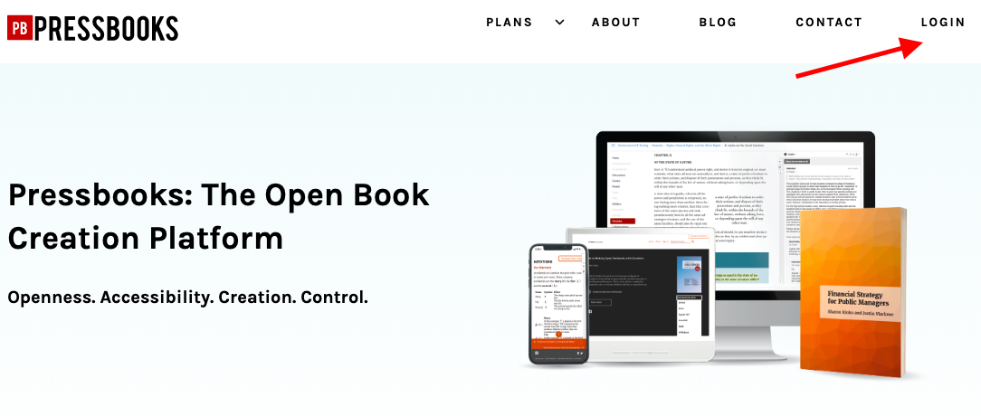 The Log In button on the Pressbooks.com homepage