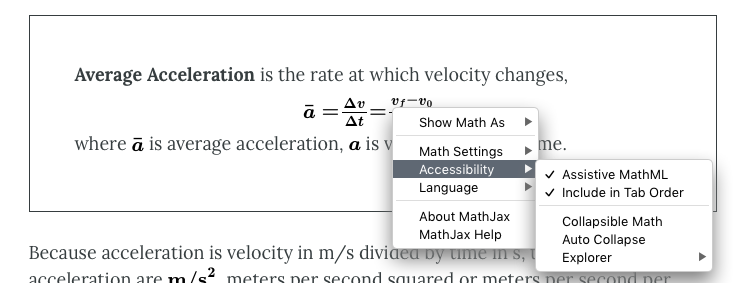 MathJax settings menu from webbook