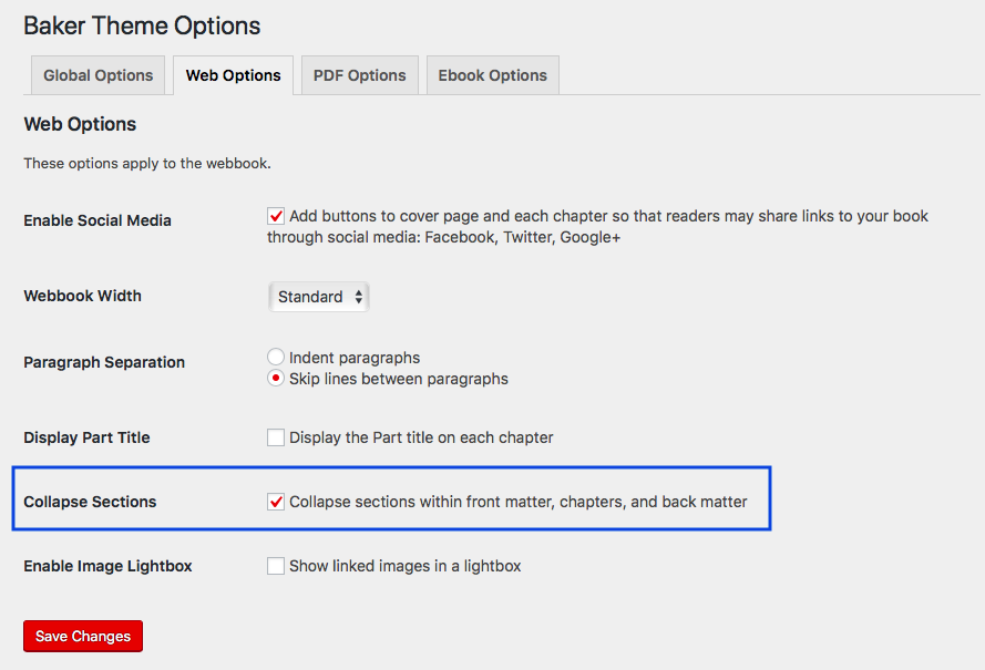 The Collapse Sections setting on the Web Options tab in Theme Options. Click "Collapse sections within front matter, chapters, and back matter."