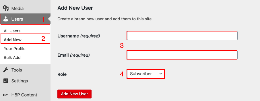 Add New User form with number cues